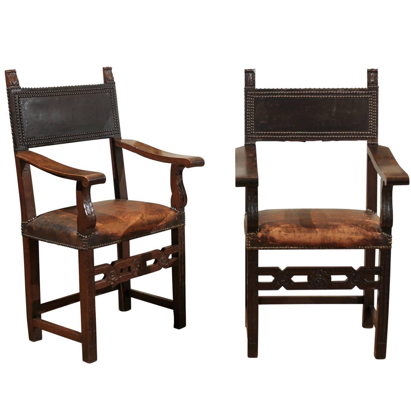 Pair of Leather and Wood Jacobean Style Chairs For Sale
