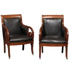 Pair of Empire Style Beechwood and Black Leather Bergeres with Scroll Arms