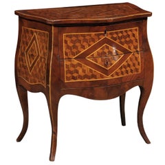 Petite Italian Cube Parquetry Inlaid Commode with Bombe Front and Two Drawers