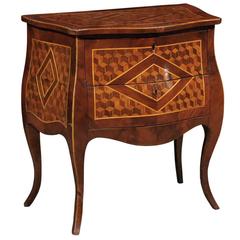 Petite Italian Cube Parquetry Inlaid Commode with Bombe Front and Two Drawers 6