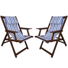 Used Pair of Mid-Century British Campaign Folding Teak and Canvas Chairs