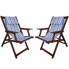 Vintage Pair of Mid-Century British Campaign Folding Teak and Canvas Chairs