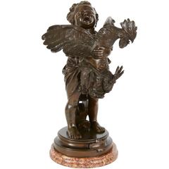 Antique Patinated Bronze Group of a Child Holding a Rooster "L'enfant au Coq"