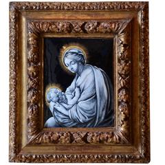 Madonna with Child, French Limoges Enamel Plaque, Signed Laudin, circa 1650