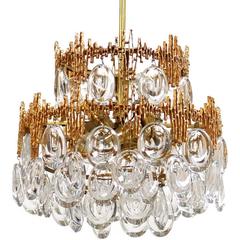 Impressive Gilt Brass & Crystal Glass Fixture by Palwa 1960s Pendant Chandelier 6