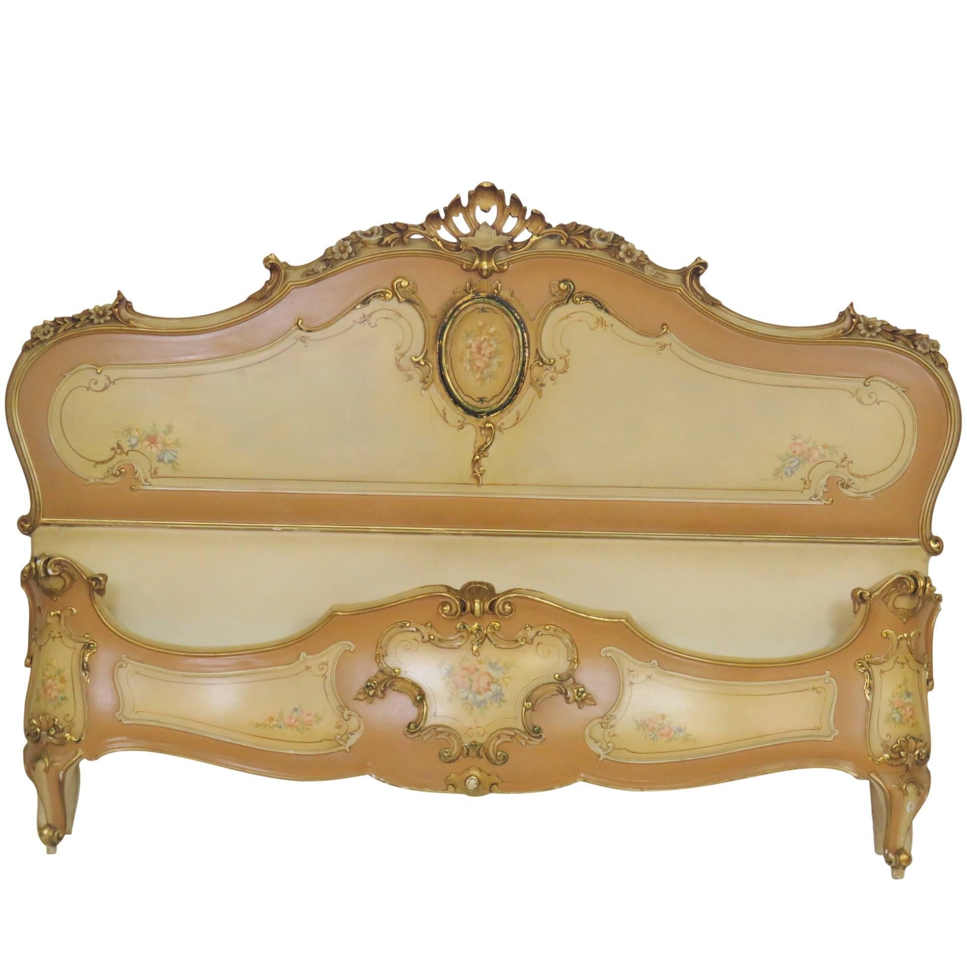 Carved Rococo Venetian Style Paint Decorated Larger Queen Size Bed