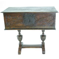 Antique 18th Century Oak Bible Box with Hinged Top, Lunette Sides on Later Stand