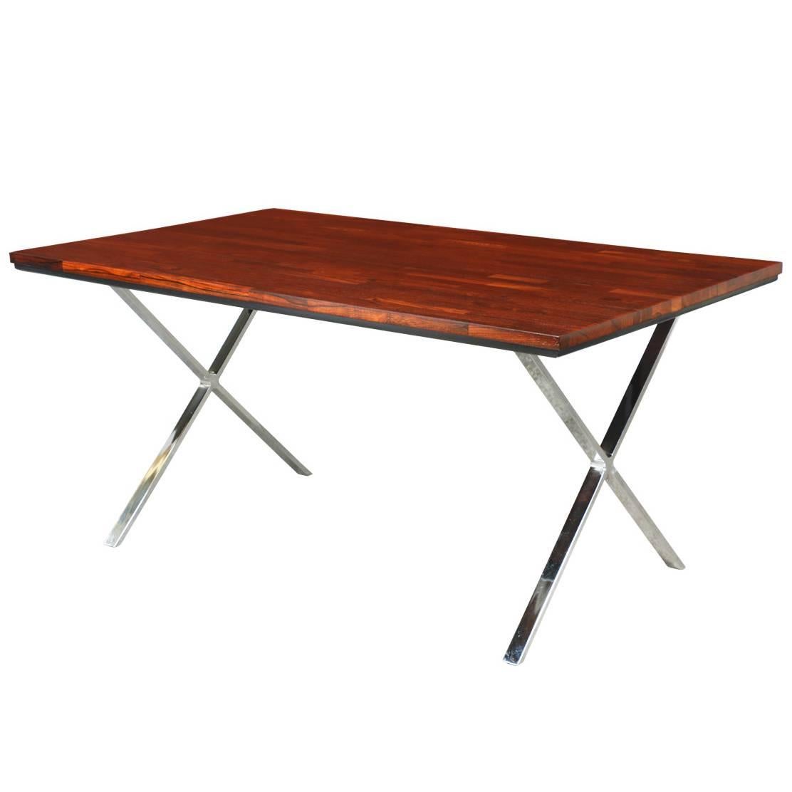 Mid-Century Rosewood Dining Table with X Chrome Base