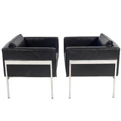 Pair of Chrome and Leather Cube Chairs Attributed to Harvey Probber
