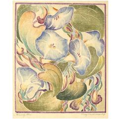 Antique Philadelphia Artist Mary Mullineaux White Line Color Woodblock "Heavenly Blue"