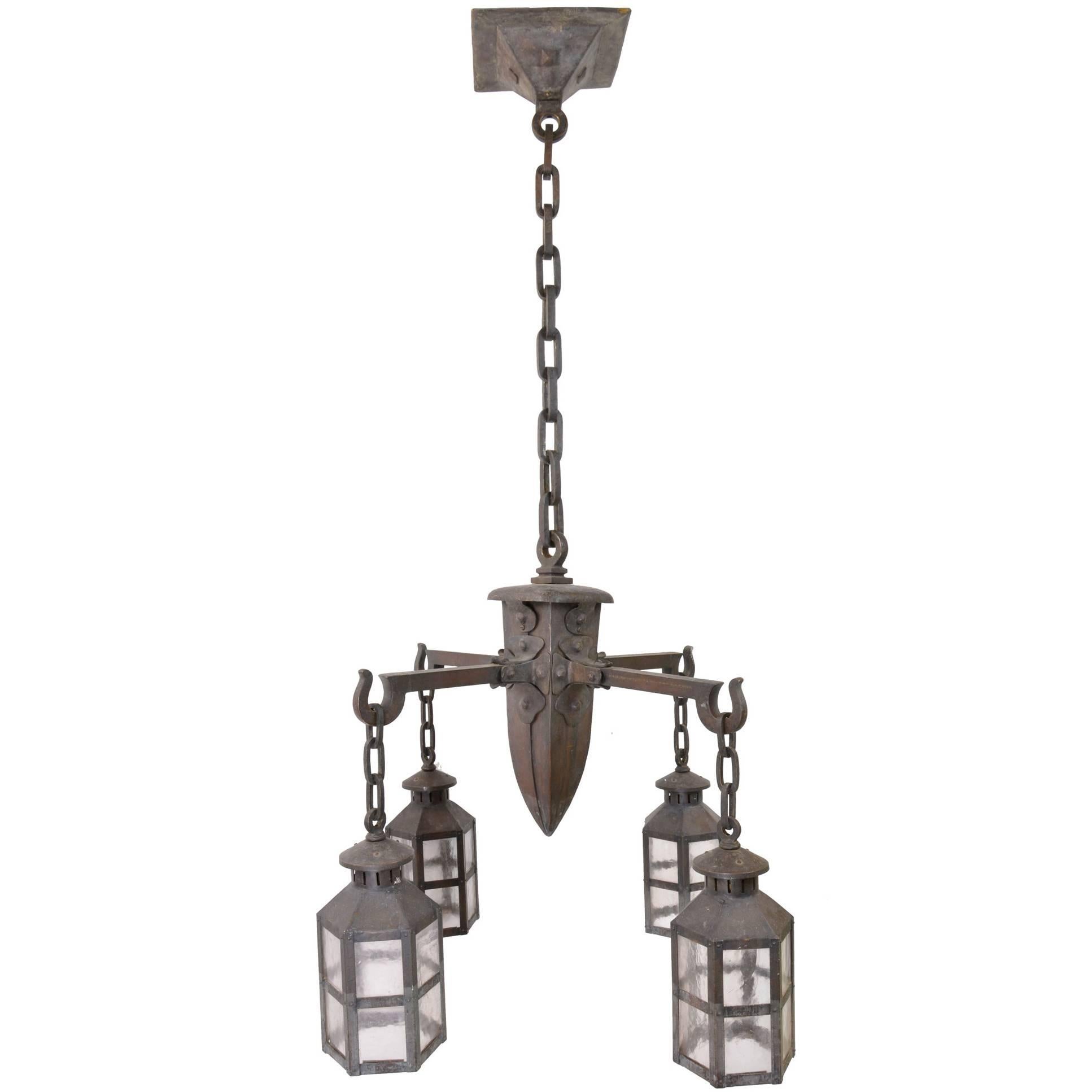 Oversized Wrought Iron Arts & Crafts Chandelier, circa 1910 For Sale