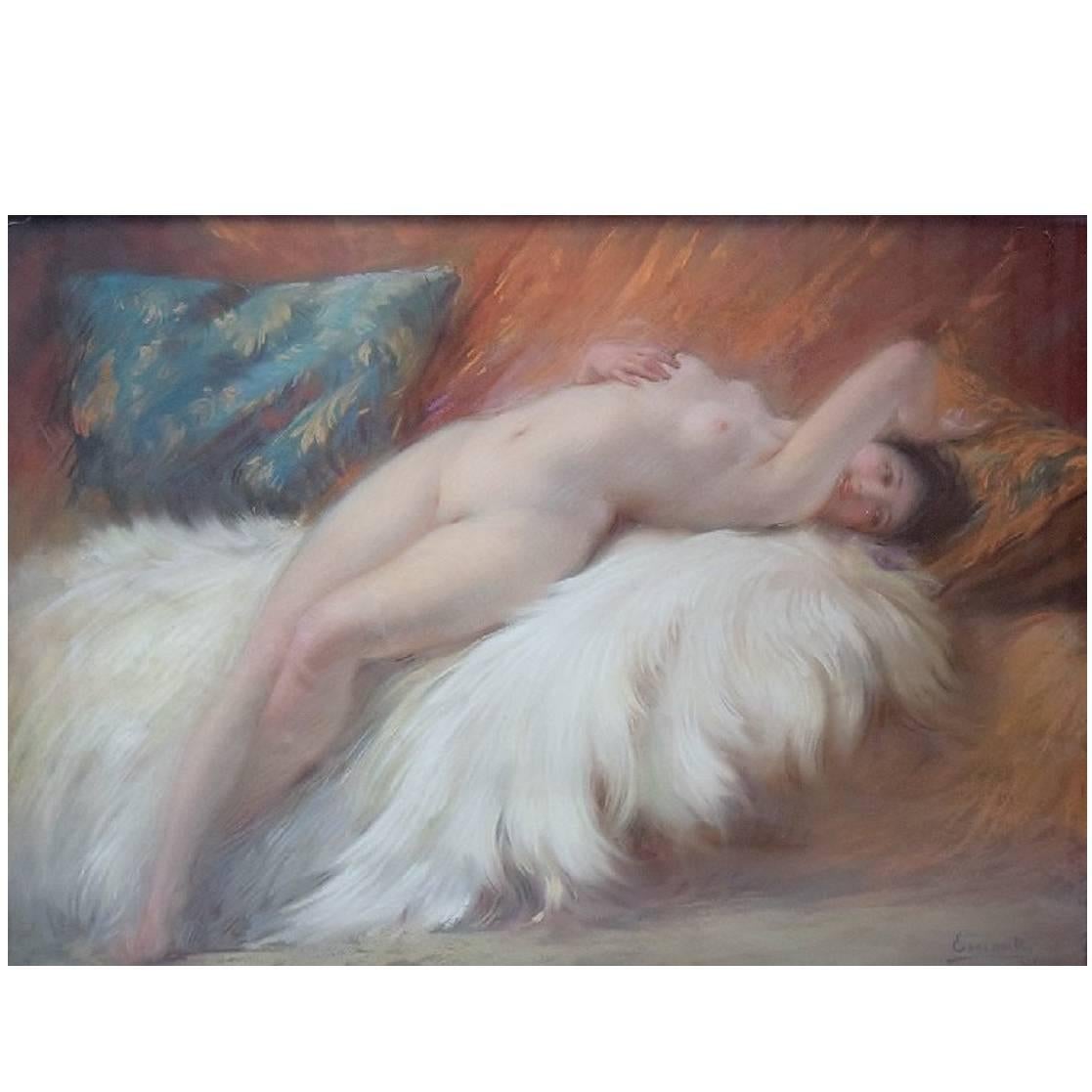 Naked Young Beauty on Lambskin, French Art Deco, Pastel, 1925