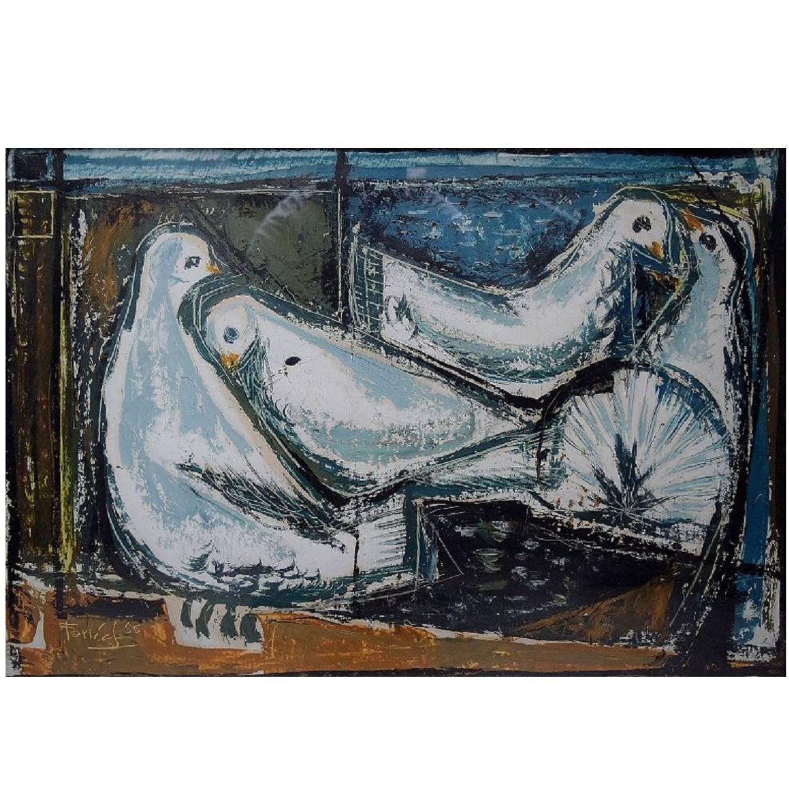 Unknown Artist, Dated 1956, Picasso Style Four White Doves, Oil on Board