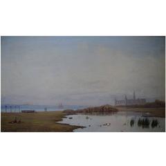 Antique Alfred Olsen, View of Kronborg Castle, Oil on Canvas, circa 1900