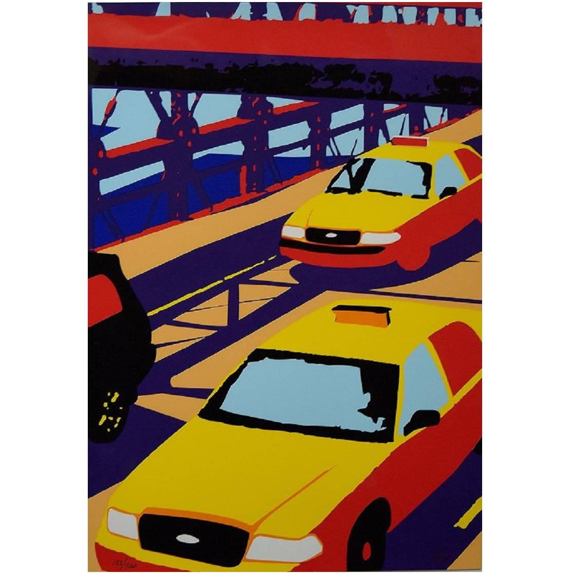 Unknown Pop Art Artist, circa 1980s, "Yellow Cabs, NY" Chromolithograph