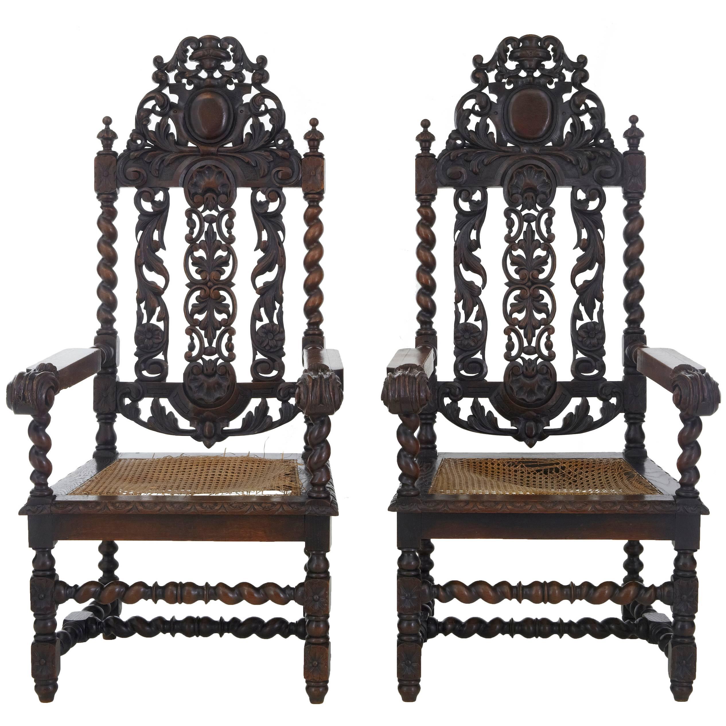 Pair of 19th Century Carved Oak Baroque Throne Armchairs
