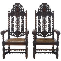 Antique Pair of 19th Century Carved Oak Baroque Throne Armchairs