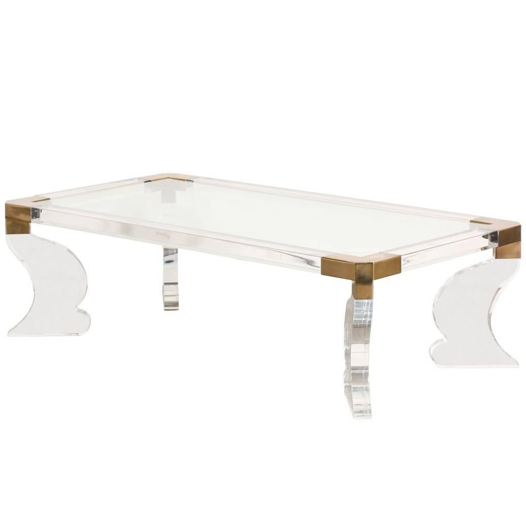 Vintage Lucite and Brass Accent Coffee Table with Glass Top