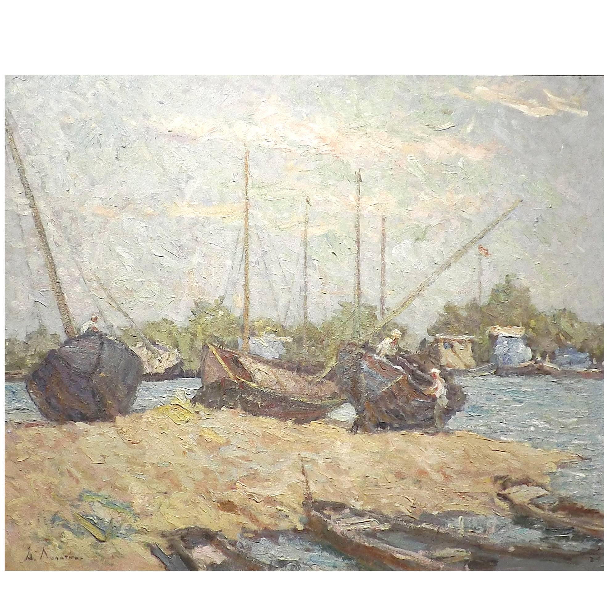 'Boatworks - 1959' Original Oil by Soviet Painter Alexander Lopatkin For Sale