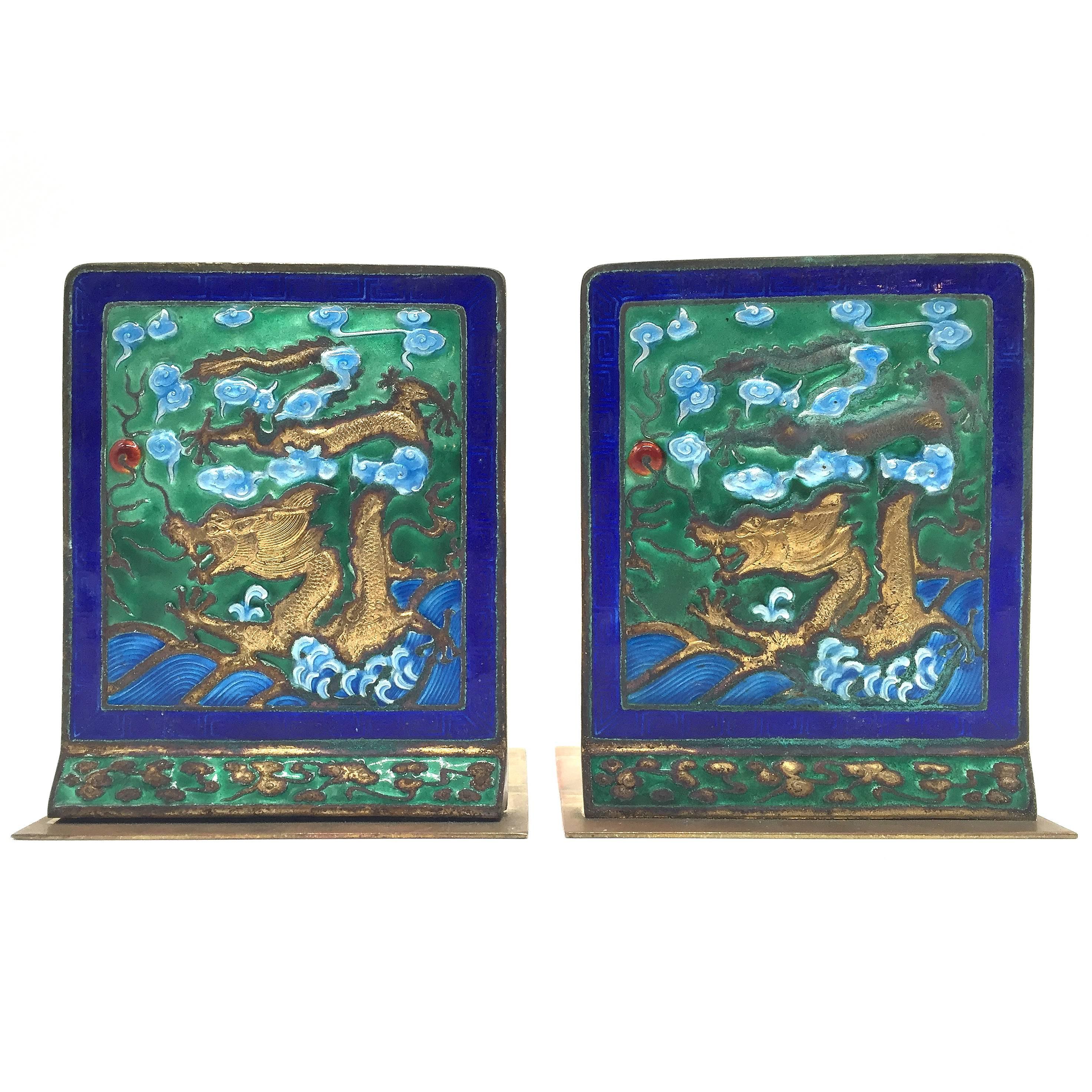 Pair of Antique Enamel Brass Bookends