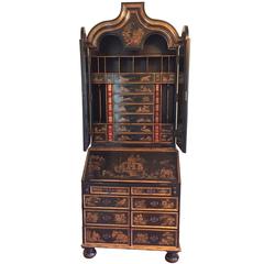 Vintage Wonderful Chinoiserie Queen Anne Black Lacquered Bureau Desk Painted Bookcase