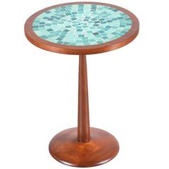 Mid-Century Walnut Tulip Side Table with Teal Blue Tile Top