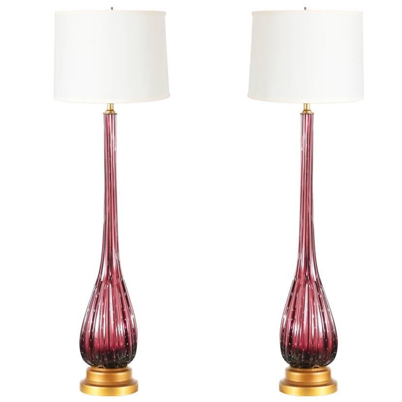 Vintage Itlalian Purple Murano Glass Table Lamps