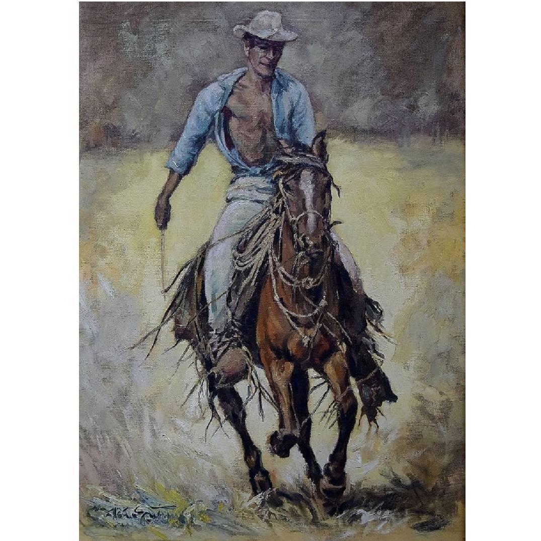Oil Painting on Canvas, Cowboy, 20th Century
