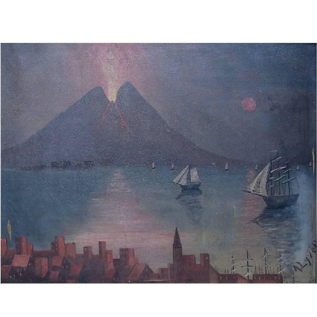 Naivistic Oil Painting, Gulf of Naples, Mount Vesuvius Erupted
