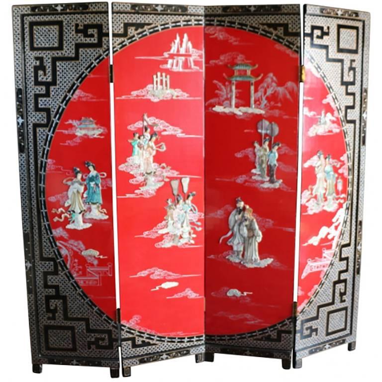 Asian Black and Red Lacquer Four Panel Standing Screen