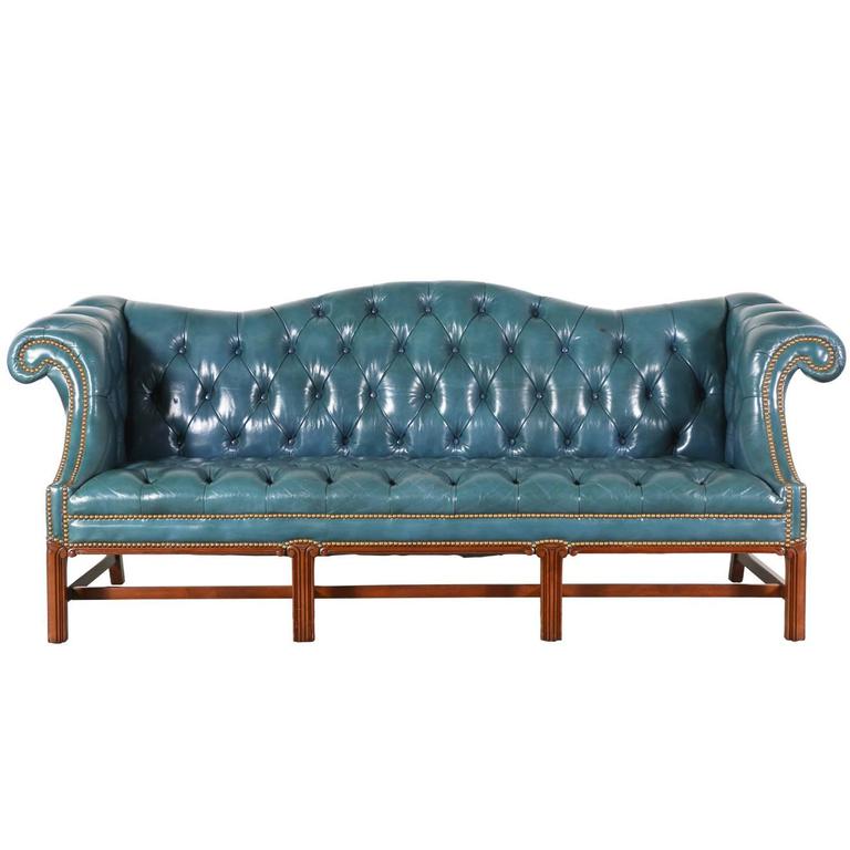 Vintage English Leather Teal Blue Chesterfield Sofa at 1stDibs