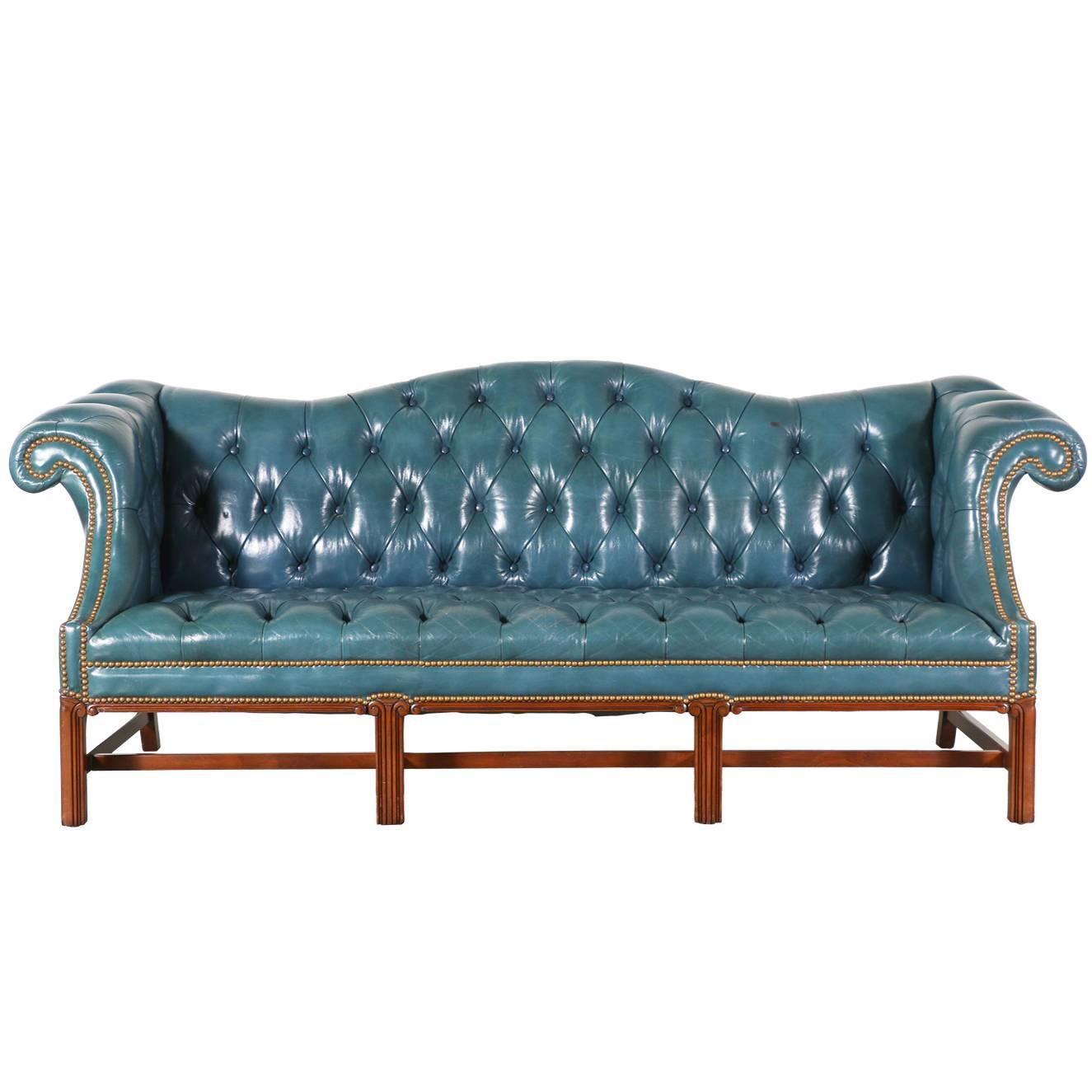 Vintage English Leather Teal Blue Chesterfield Sofa