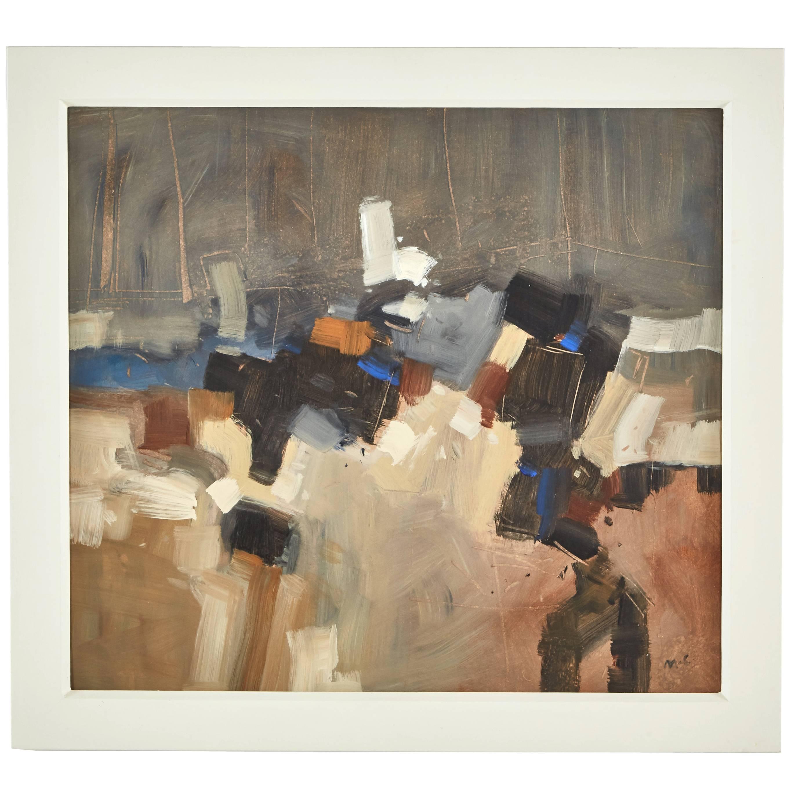 Abstract Painting of Browns and Blues in White Frame by Artist Malcolm Chandler