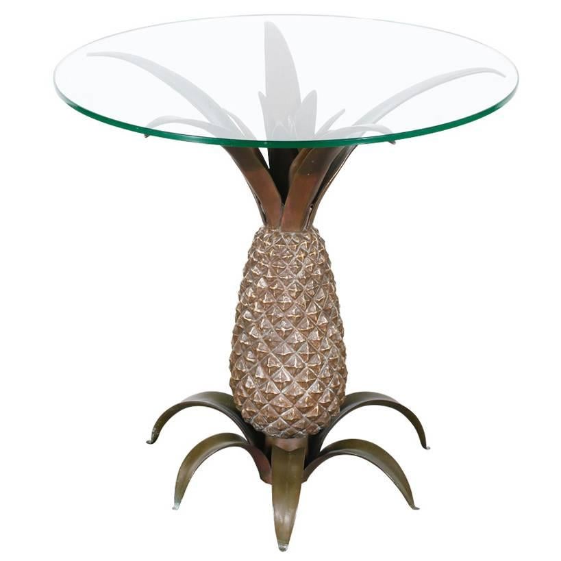 Vintage Bronze Pineapple Side Table with Glass Top