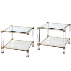 Chic Pair of French Nickel, Lucite and Glass Square Side Tables by Pierre Vandel