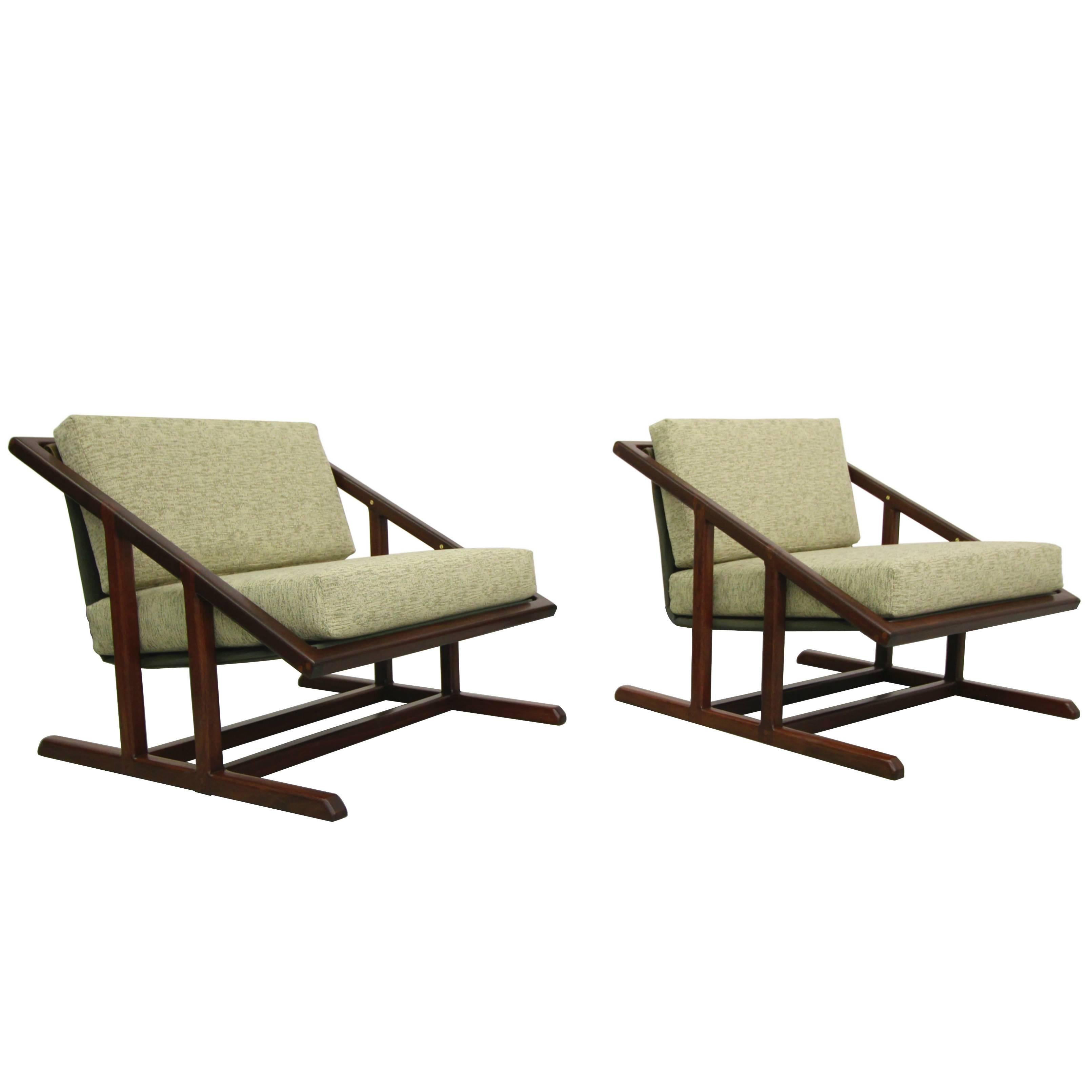 Pair of Mid-Century Angular Solid Walnut Sling Chairs