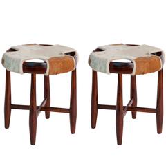 Pair of Jean Gillon Round Stools with Cowhide Seats