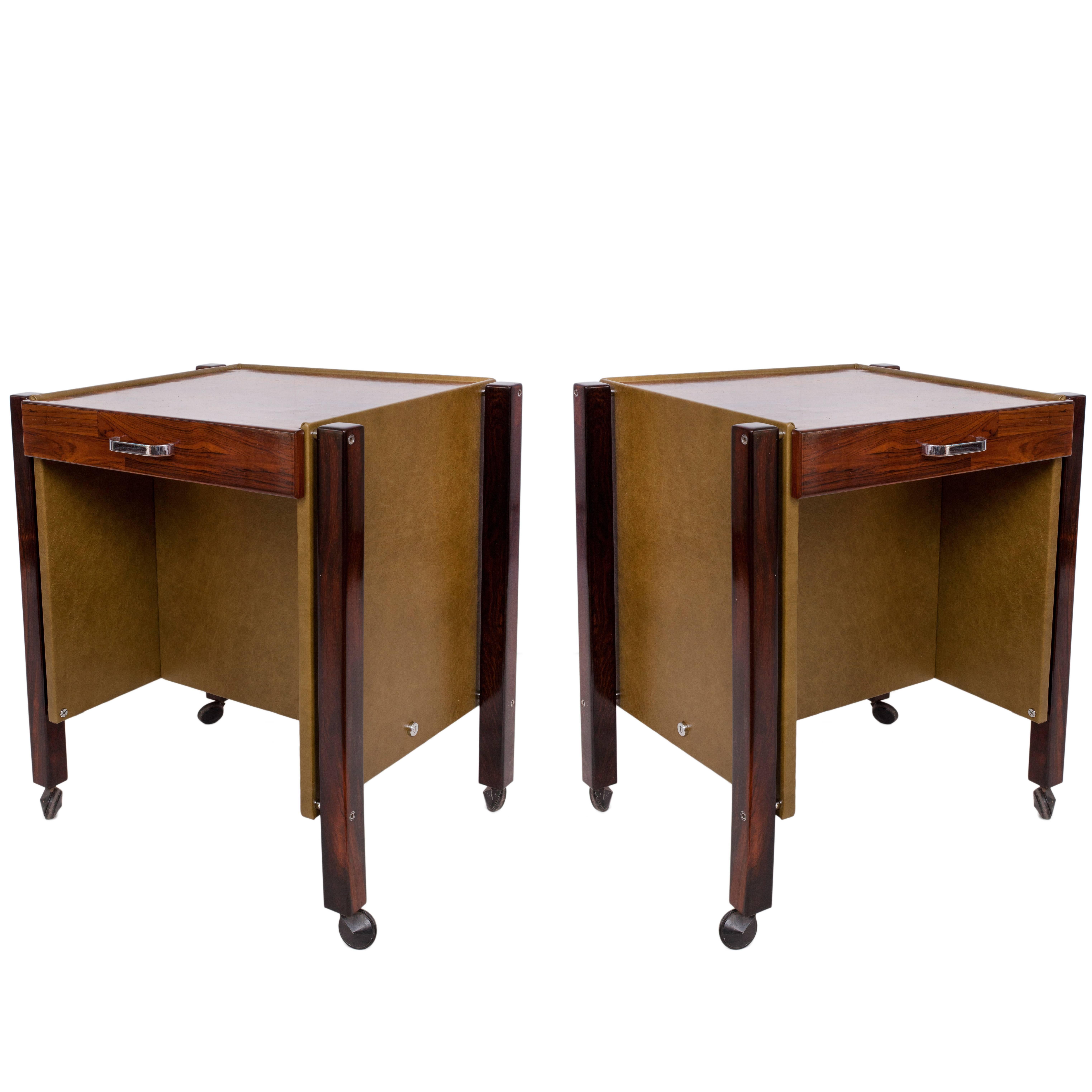 Pair of Jorge Zalszupin Side Tables in Jacaranda and Green Leather