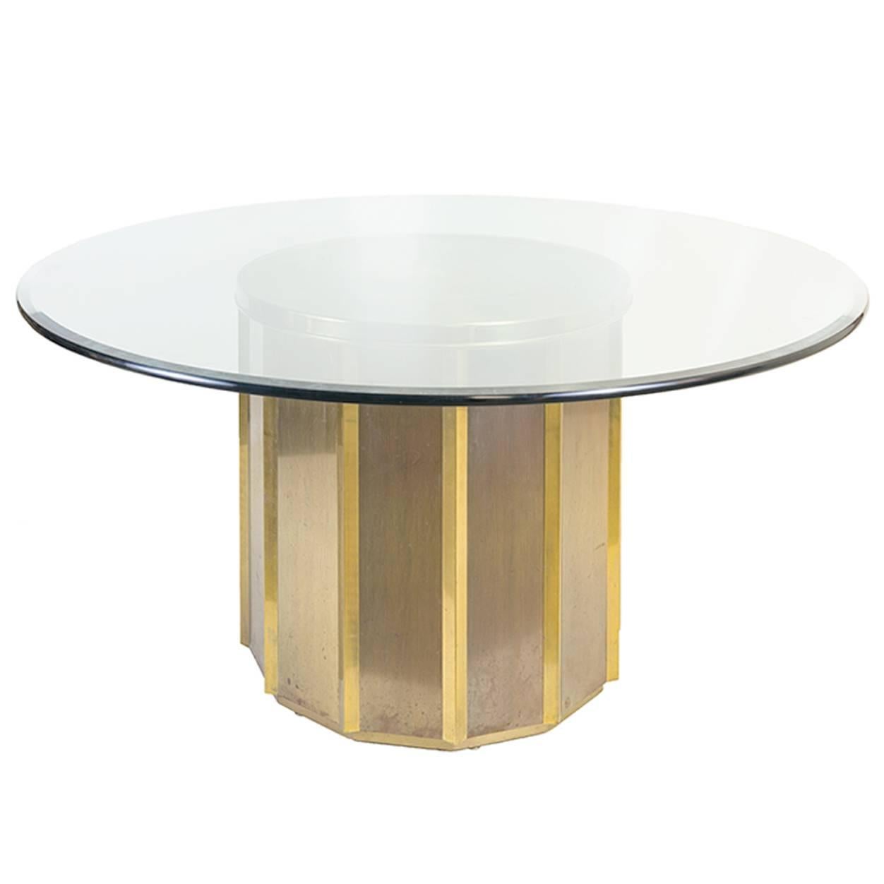 Round Brass Barrel Mastercraft Dining Table Base with Round Glass