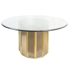 Round Brass Barrel Mastercraft Dining Table Base with Round Glass