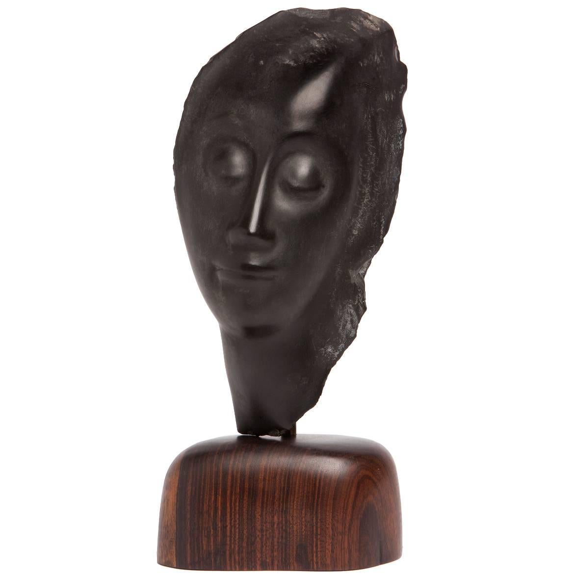 Jules 'J.S.' Vermeire, Art Deco Hard Stone Female Head on Mahogany Pedestal For Sale