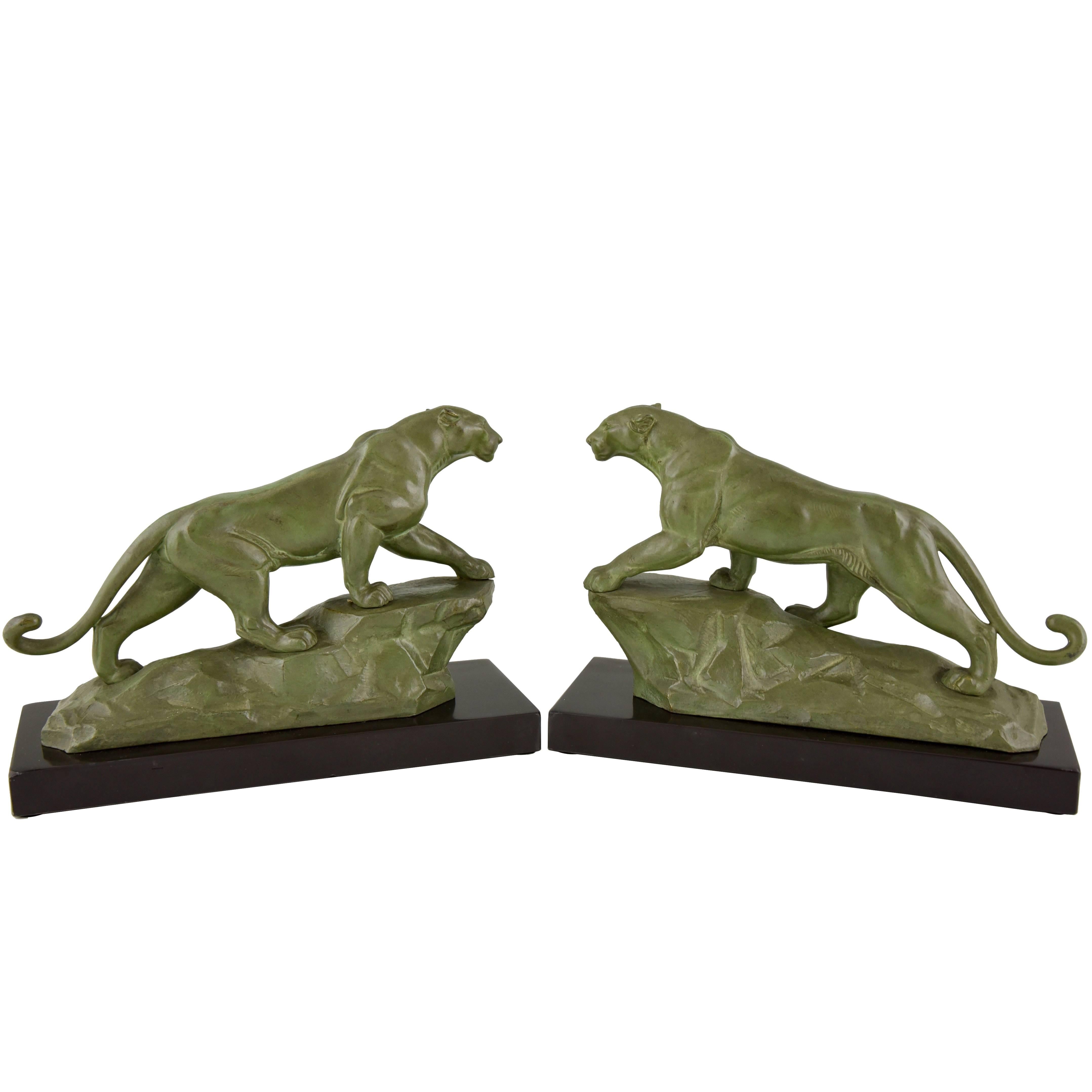 French Art Deco Panther Bookends by Carvin on Marble Base, 1930