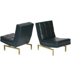 Louis Paolozzi Green Mid Century Lounge Chairs on Brass Bases, France, 1950s
