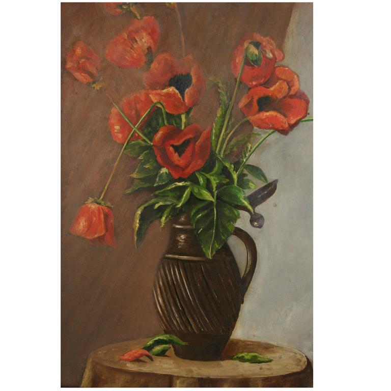 5-2973 Original still life of a vase filled with poppies. oil on board ,signed lower right by Alb. Mayer 1953; Displayed in a wood frame. Age wear.