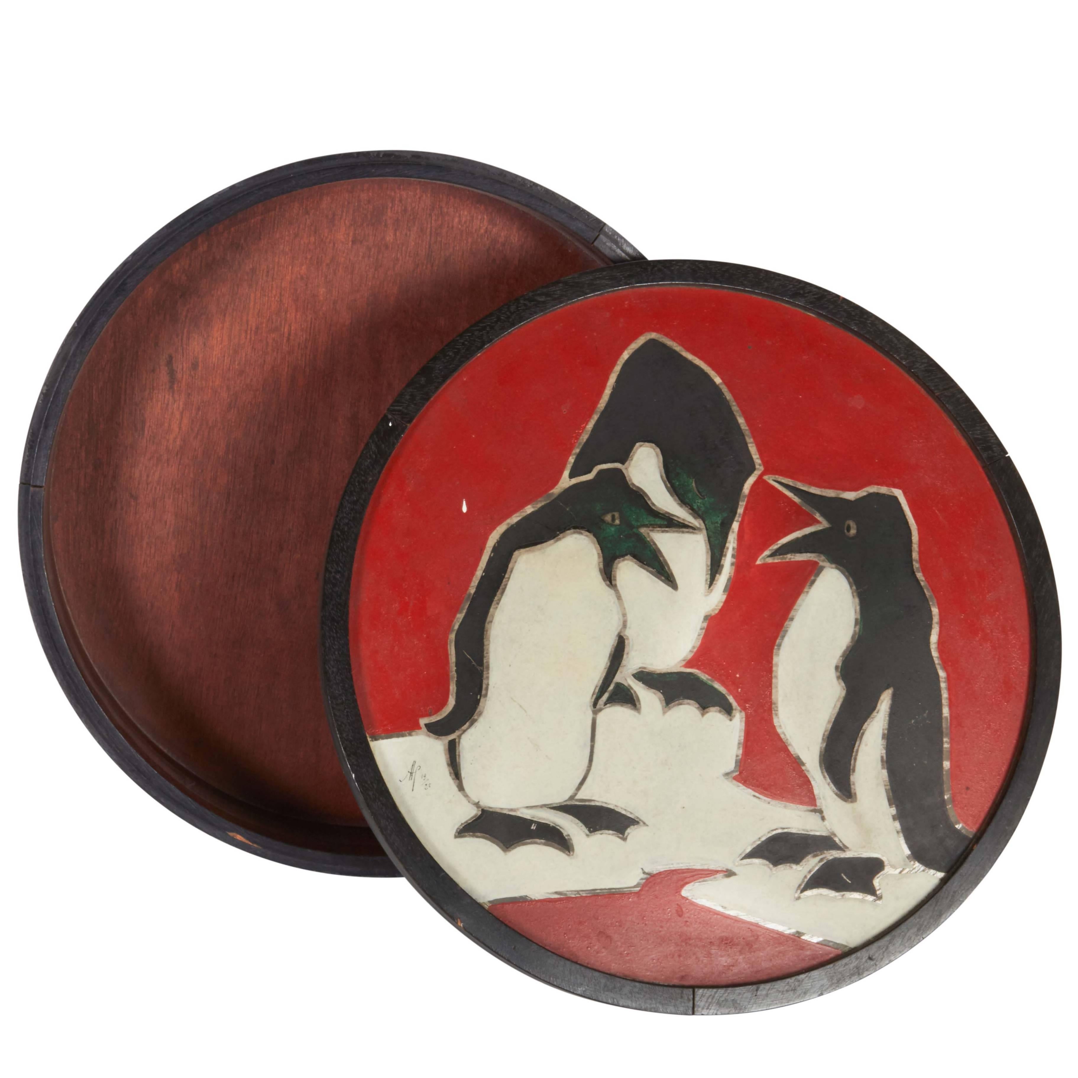 French Art Deco Round Box with Penguins
