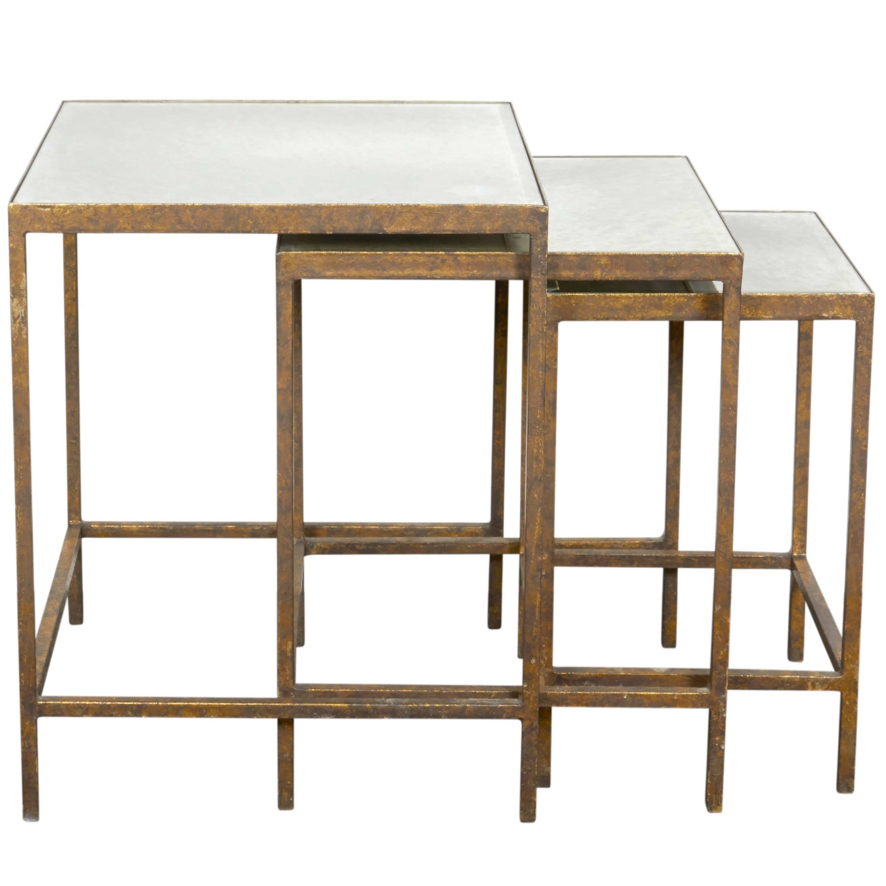 Set of Three Gilt Metal Nesting Tables with Mirrored Tops