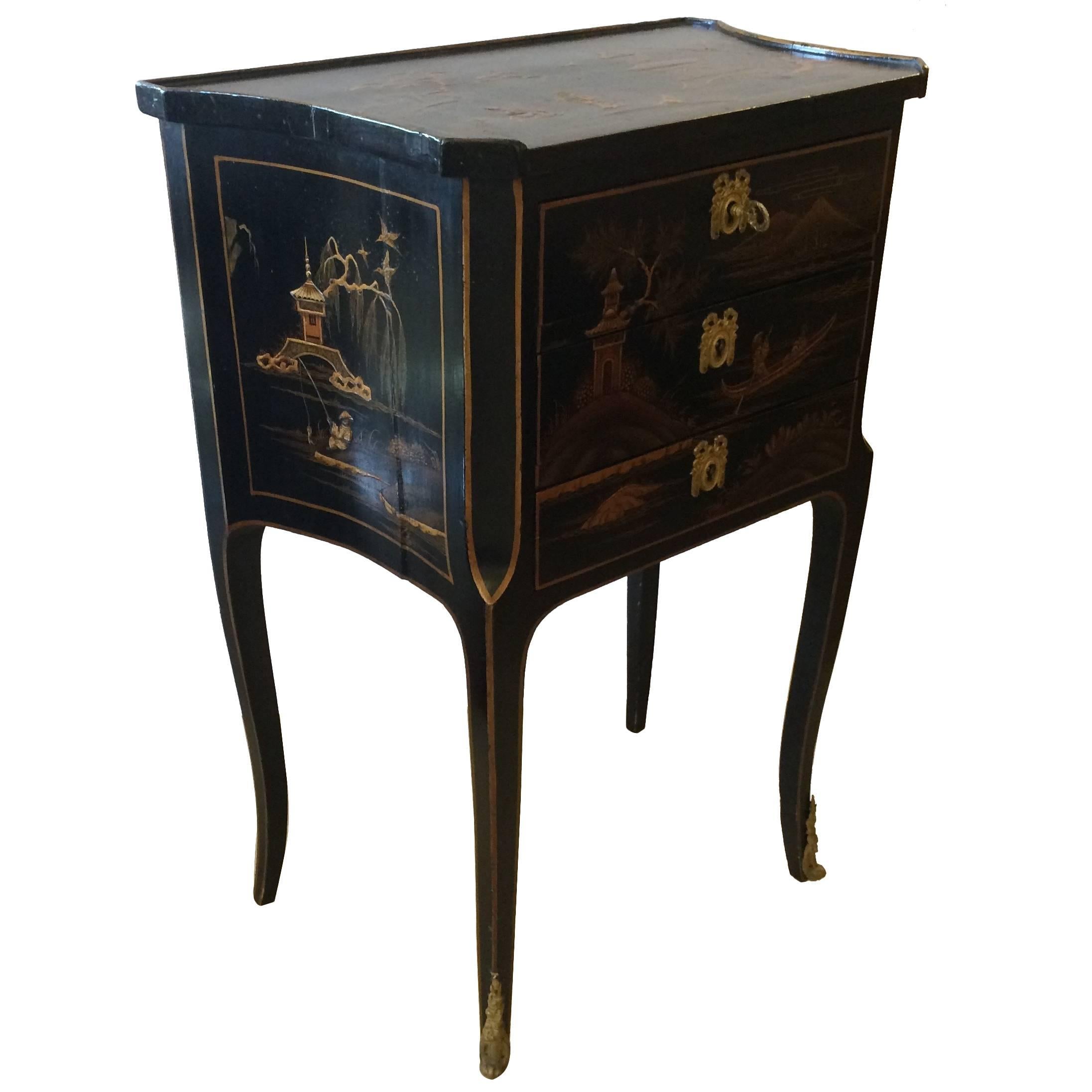 Lovely Antique Chinoiserie Side Table or Night Table with Three Drawers