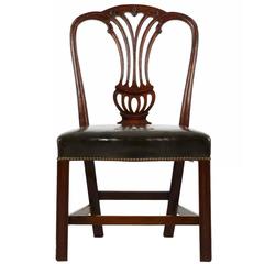 English George III Carved Mahogany Antique Leather Side Chair, Late 18th Century