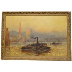 Antique Oil Painting on Canvas of Tug Boat on Thames, London