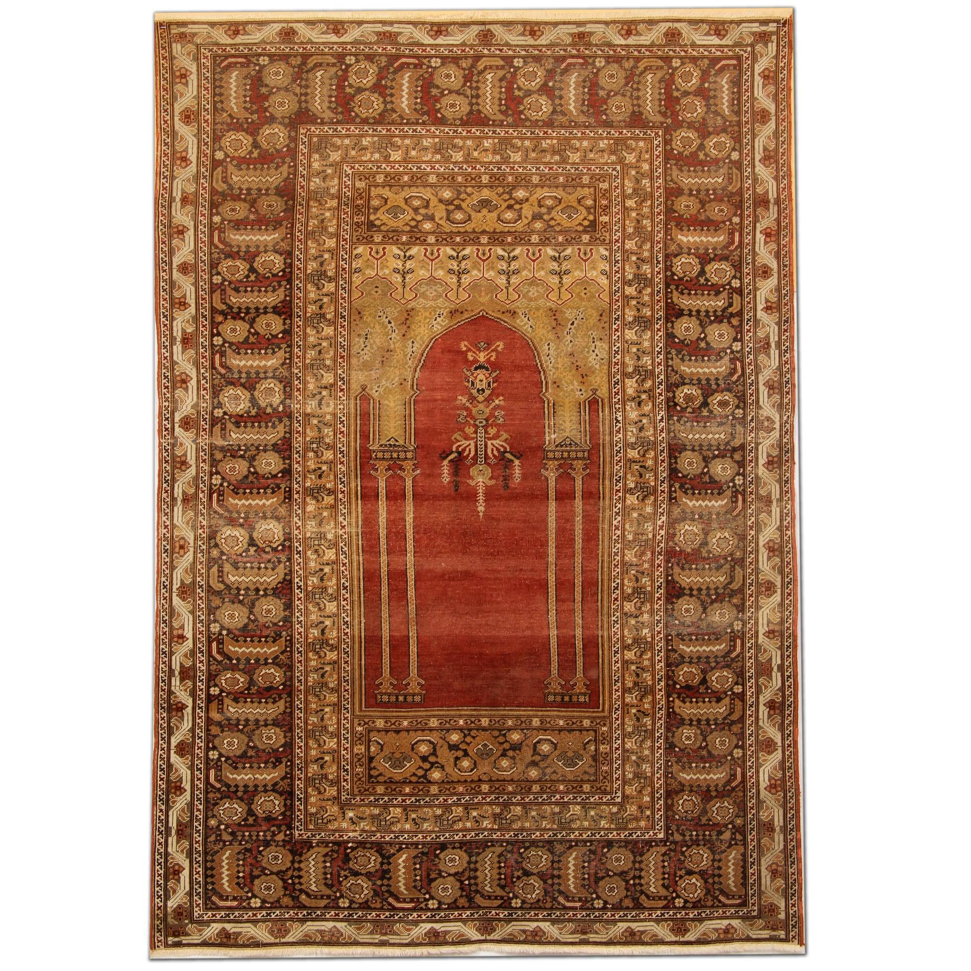 Red Antique Rugs, Traditional Carpet Turkish Rug, Mihrabi Living Room Rug For Sale